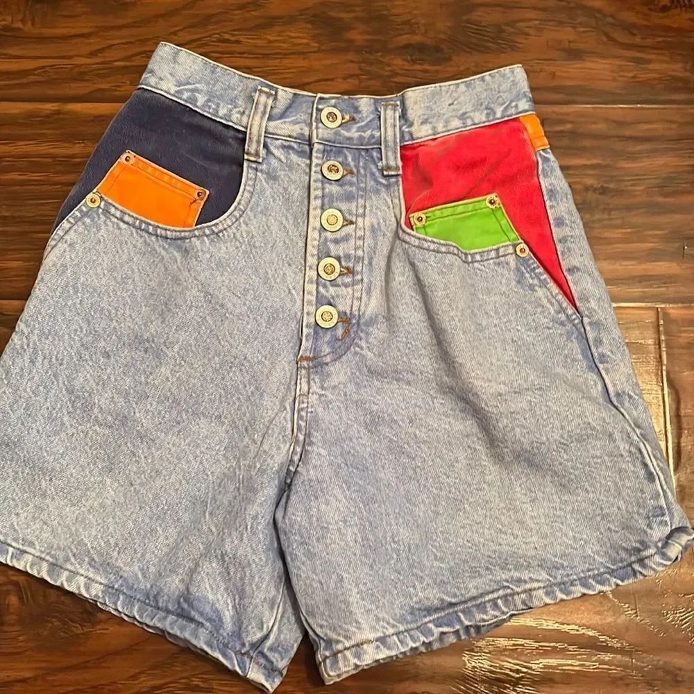 Vintage 90’s Steel Color Block Distressed Denim Shorts Colorful Vibrant Boho